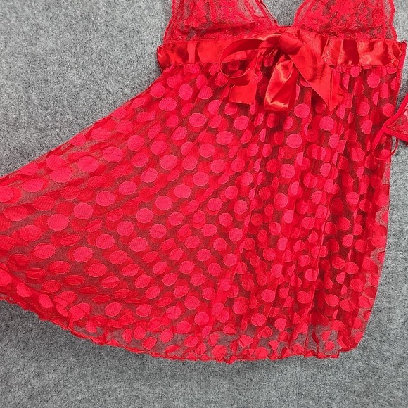 Music Legs Mesh Polka Dot Babydoll And G-String Women Size Q 16-18 D/DD Red Lace - Picture 9 of 12